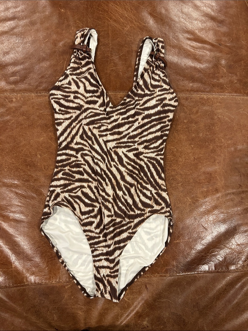 Michael Kors Zebra Print One-Piece Swimsuit - Brown & Cream